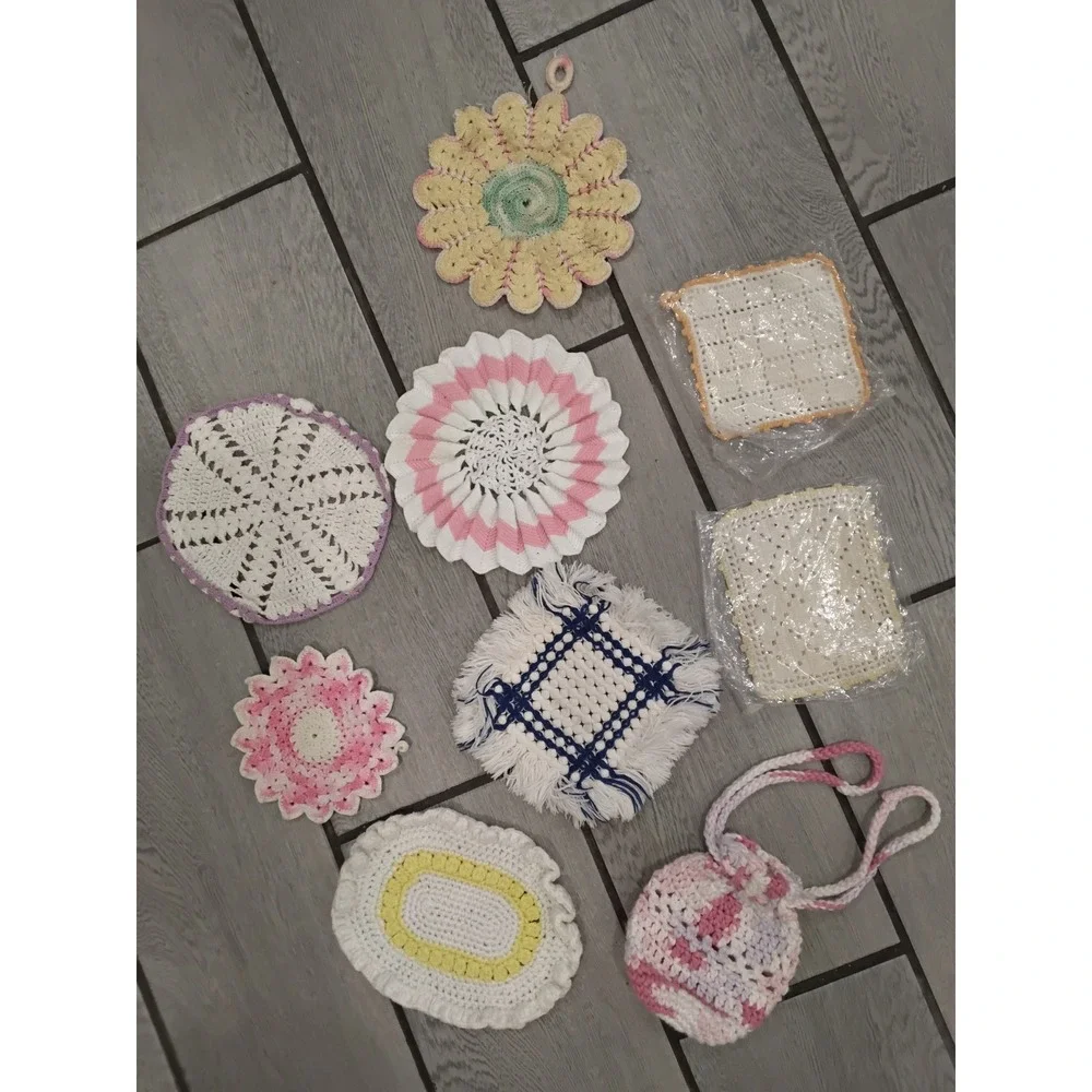 Vintage Handmade Crochet Potholder Doily Set 9pc Mixed Pastels Cottagecore Retro